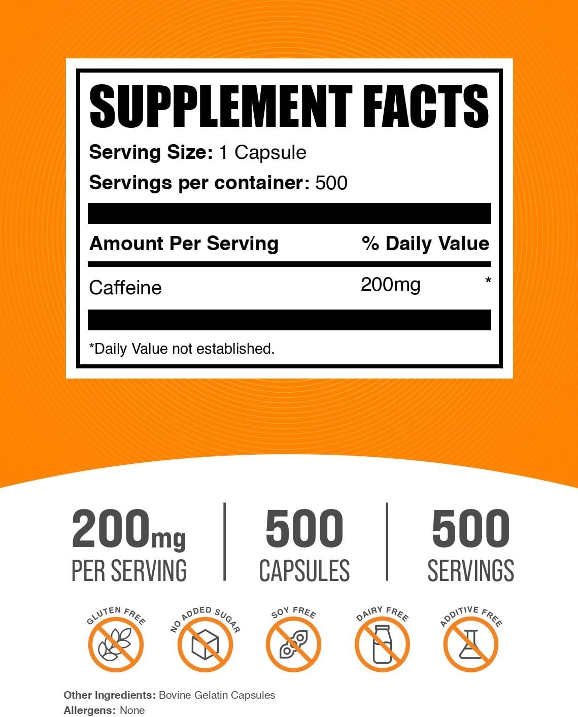 BulkSupplements caffeine pills 500 count nutrition facts label details