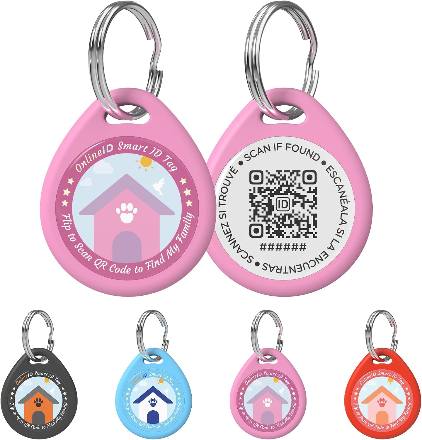 QRTAGLAB smart pet identification tag front view showcasing the distinct printed QR code on a pink background.