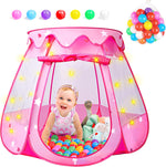 DISHIO princess play tent front view showing pink hexagonal castle layout with fifty balls