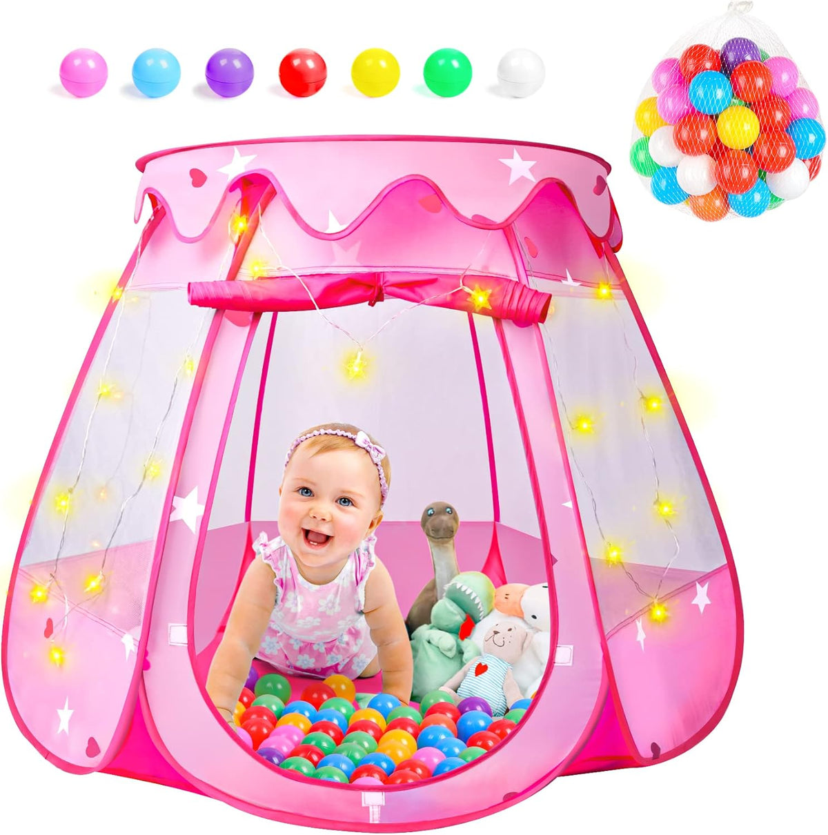 DISHIO princess play tent front view showing pink hexagonal castle layout with fifty balls