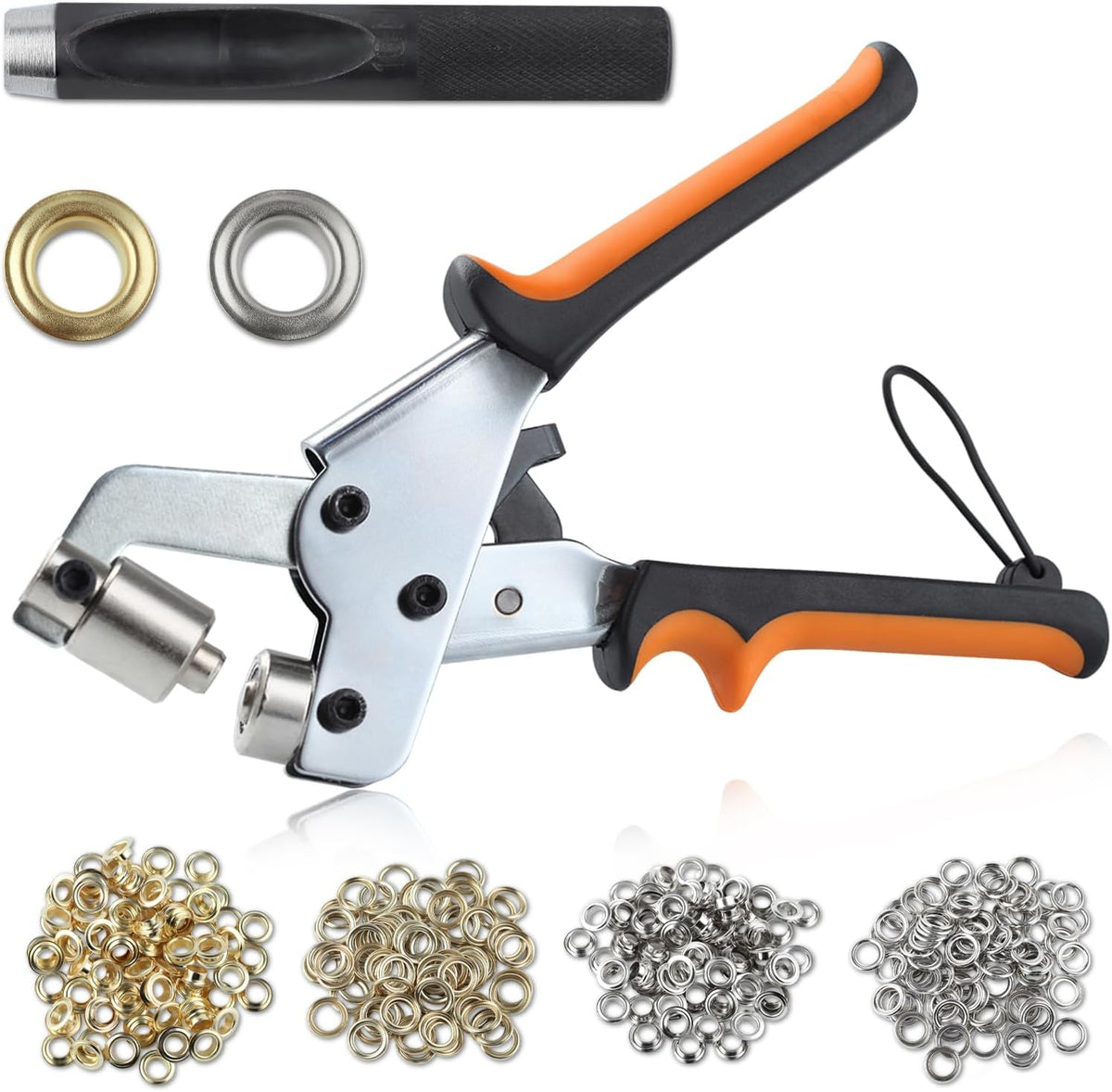 LEONTOOL grommet tool kit front view showing handheld press pliers and gold and silver eyelets.