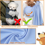 Owner demonstrating hands-free use of dog sling carrier