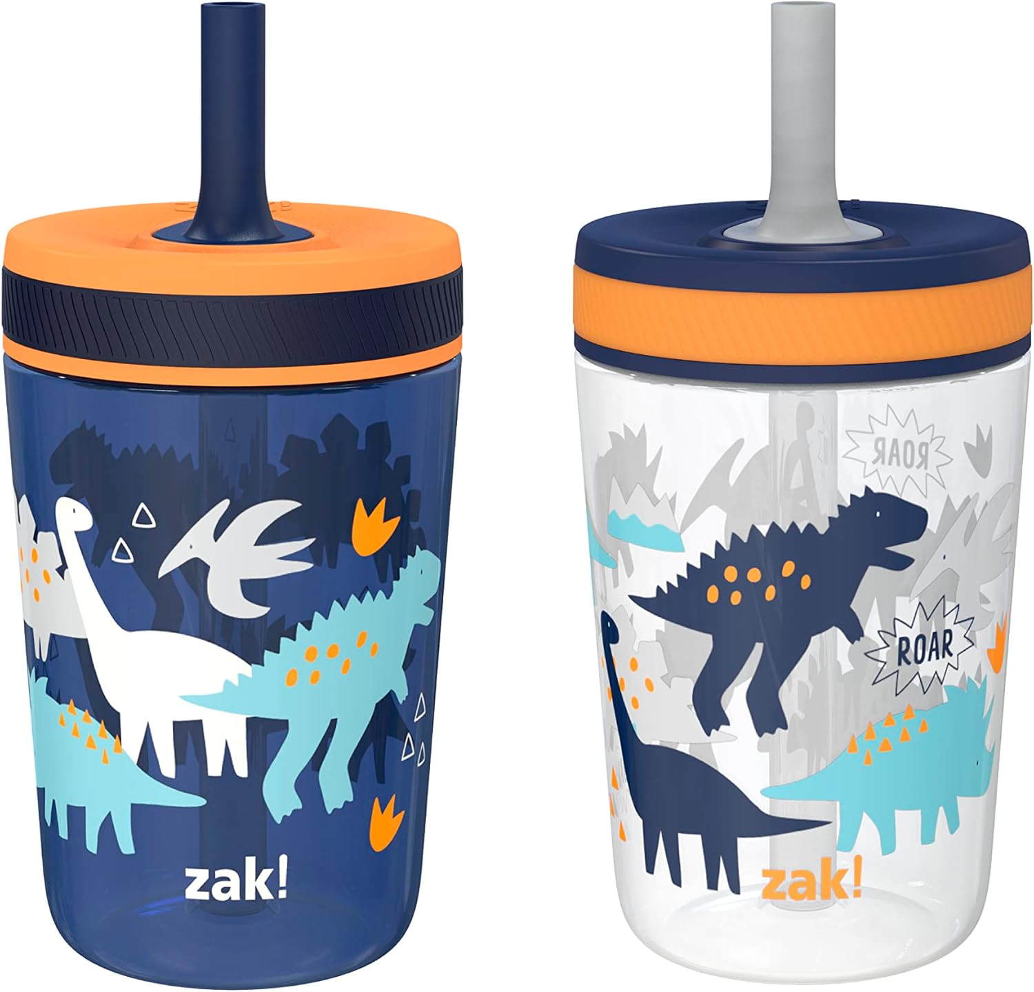 Zak Designs Kelso toddler cups front view featuring blue body with dinosaur graphics