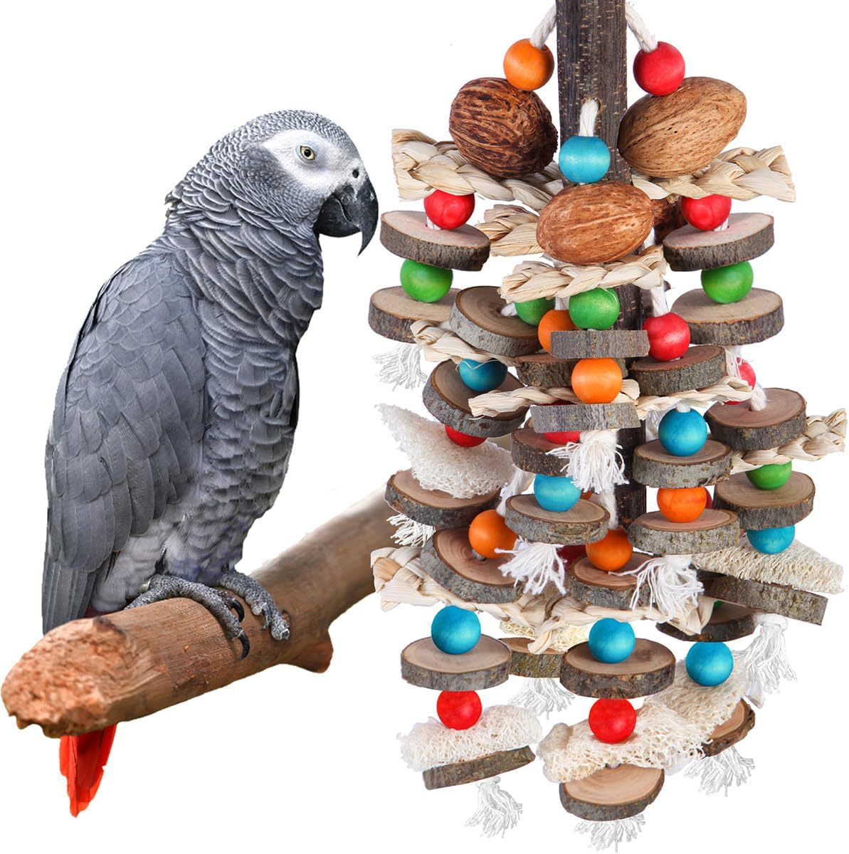 BBjinronjy large parrot chewing toy hanging in a bird cage front view