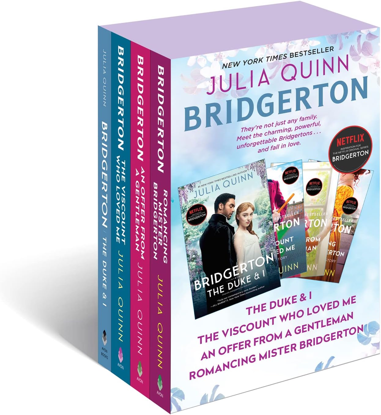 Julia Quinn Bridgerton Boxed Set 1-4 front view showing premium Netflix tie-in paperback covers