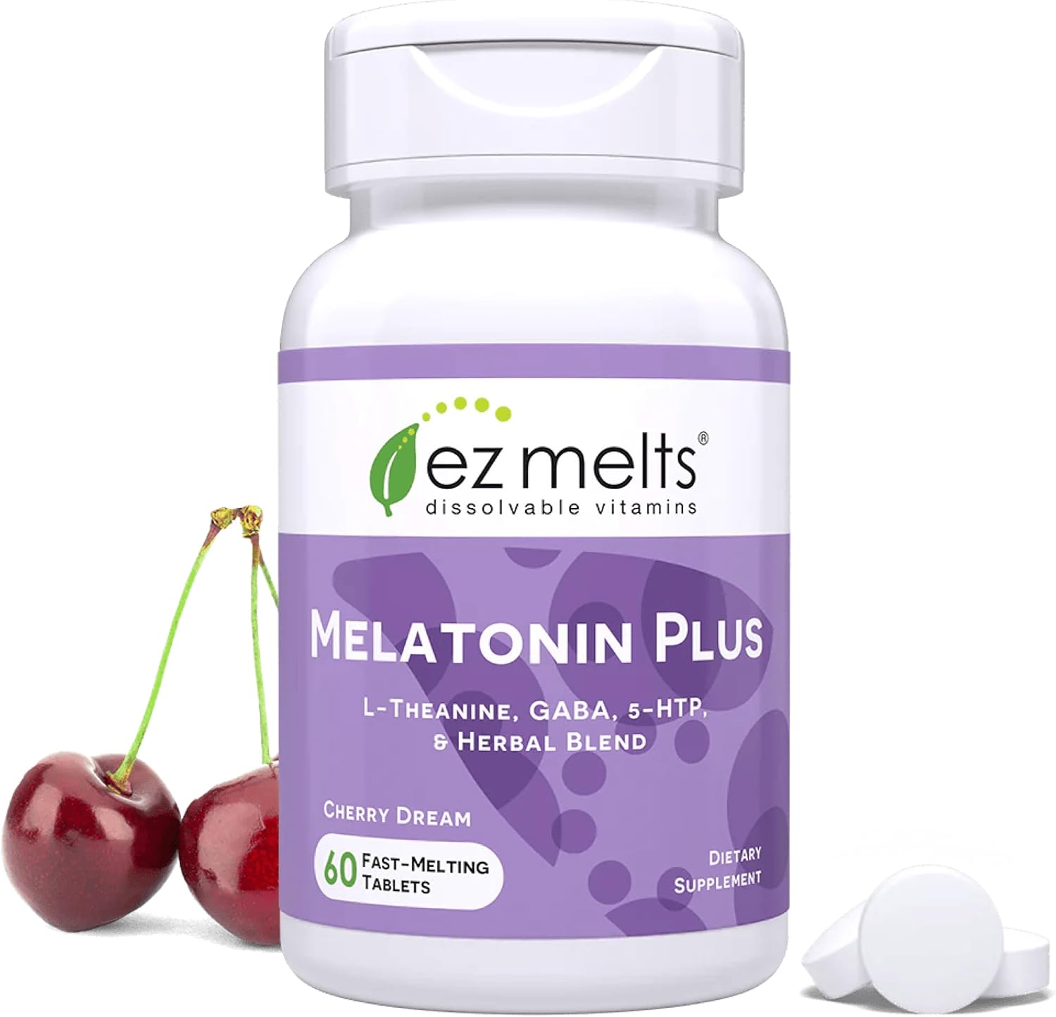 EZ Melts Melatonin Plus 60 dissolvable tablets front bottle view for authentic sleep support