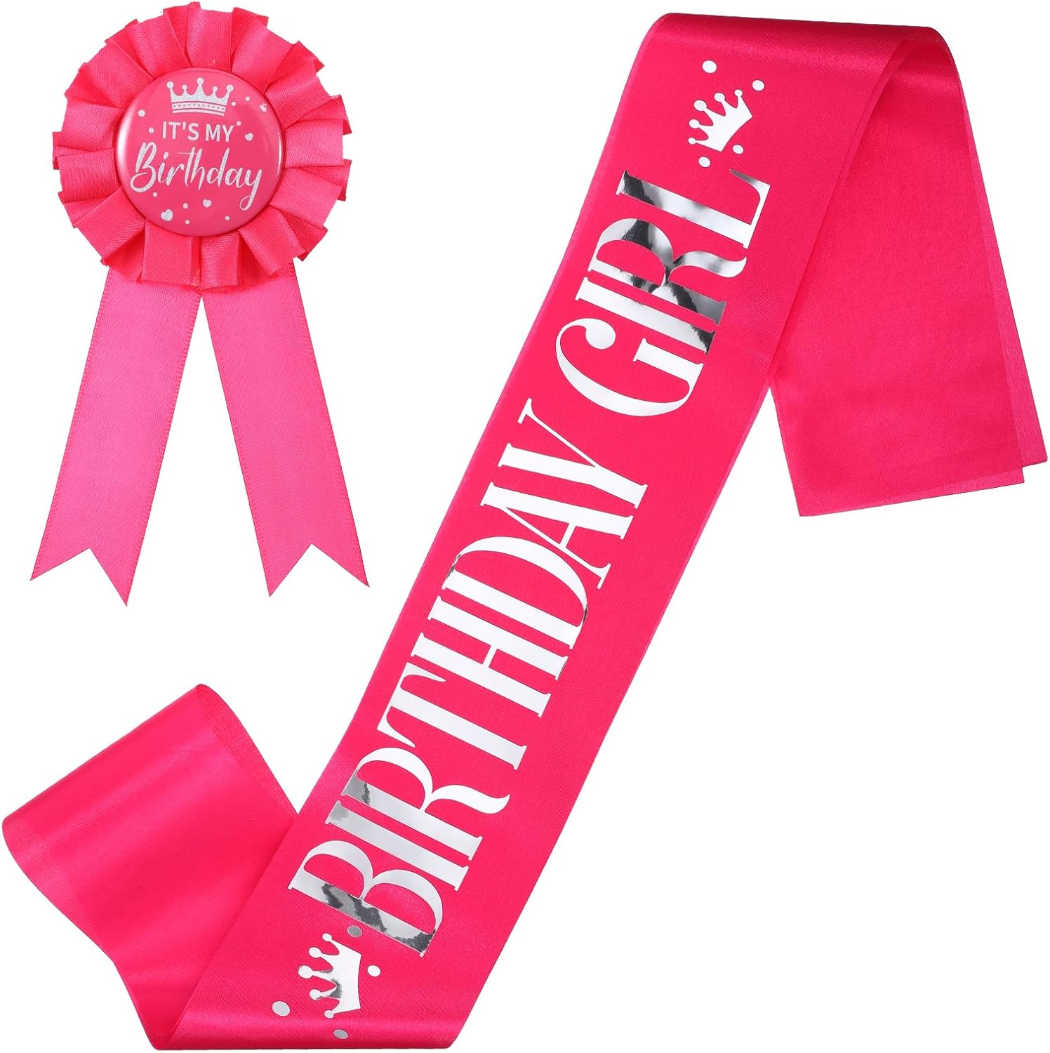 FdcZeyxior pink birthday sash front view showing hot pink satin fabric with silver glitter lettering.