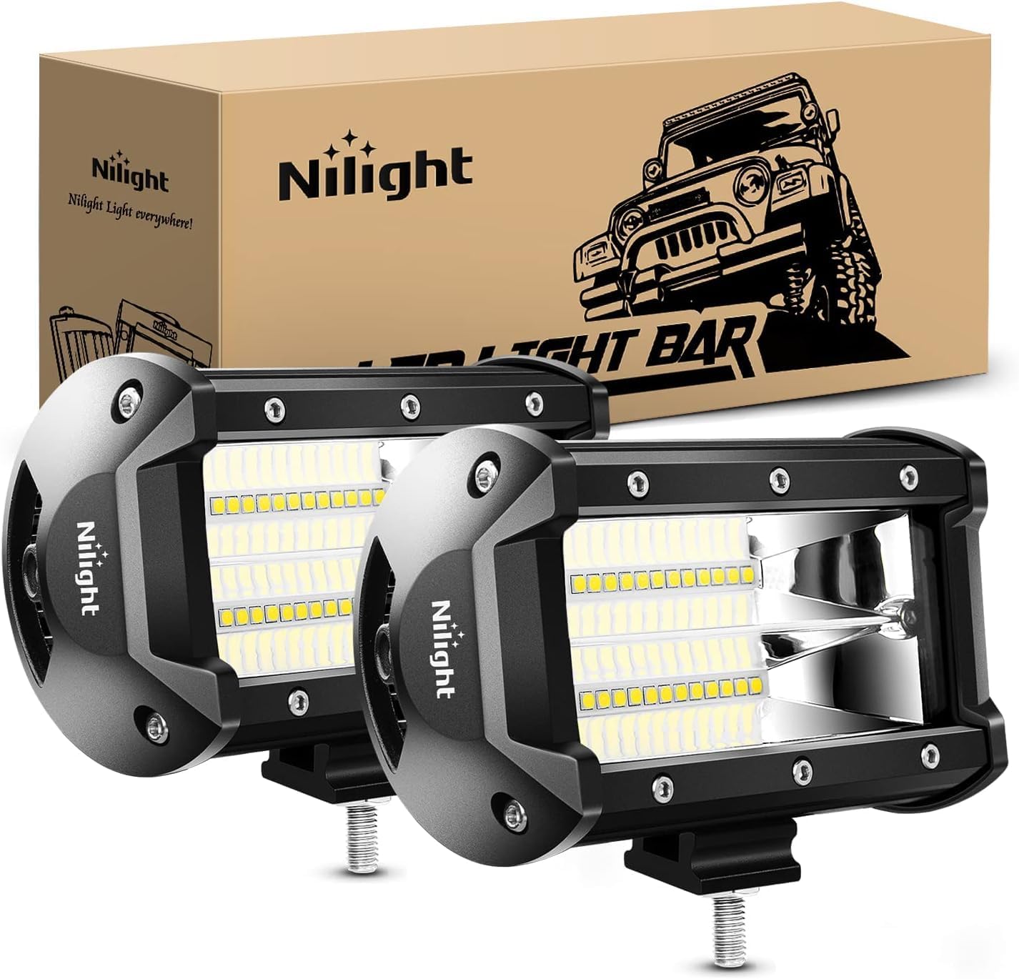 Nilight 5 inch 72W double row LED flood light bars front view
