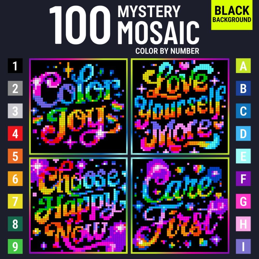 Mystery Mosaic Color by Number for Adults Neon Words: A Fun Quest of Inspirational Quotes and Pixel Art Challenges to Reveal Hidden Images for Relaxation - Image 1