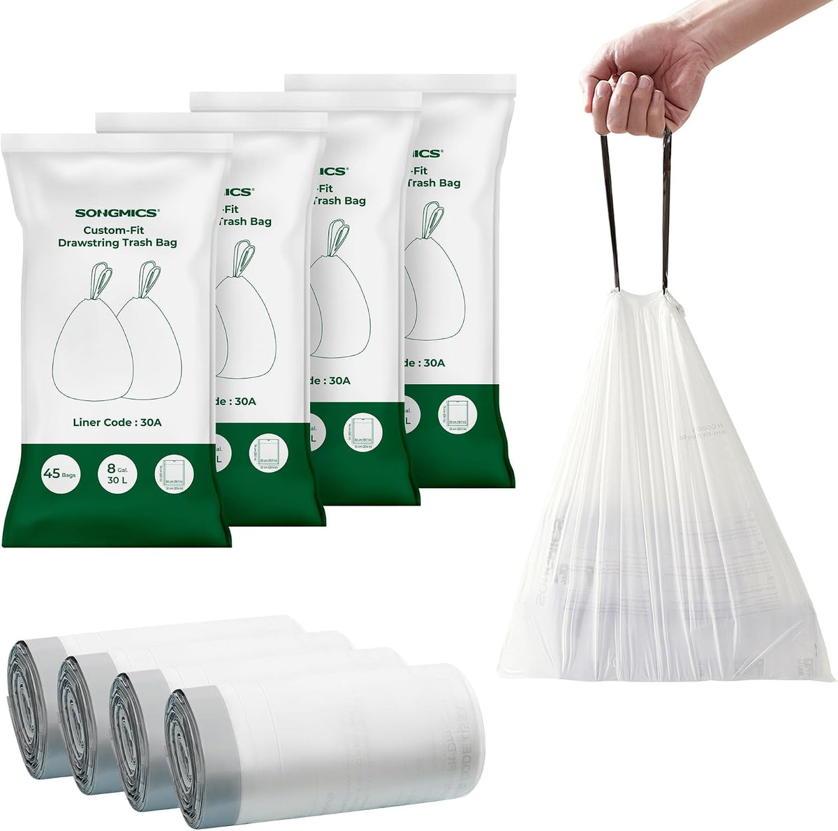 SONGMICS Trash Bags, Drawstring Kitchen Garbage Bags, Pre-Separated | Drawstring Kitchen Garbage Bags, Pre-Separated, for 8-Gallon (30 L) Trash Cans, Liner Code 30A, 1 Roll, 45 Count - Image 12