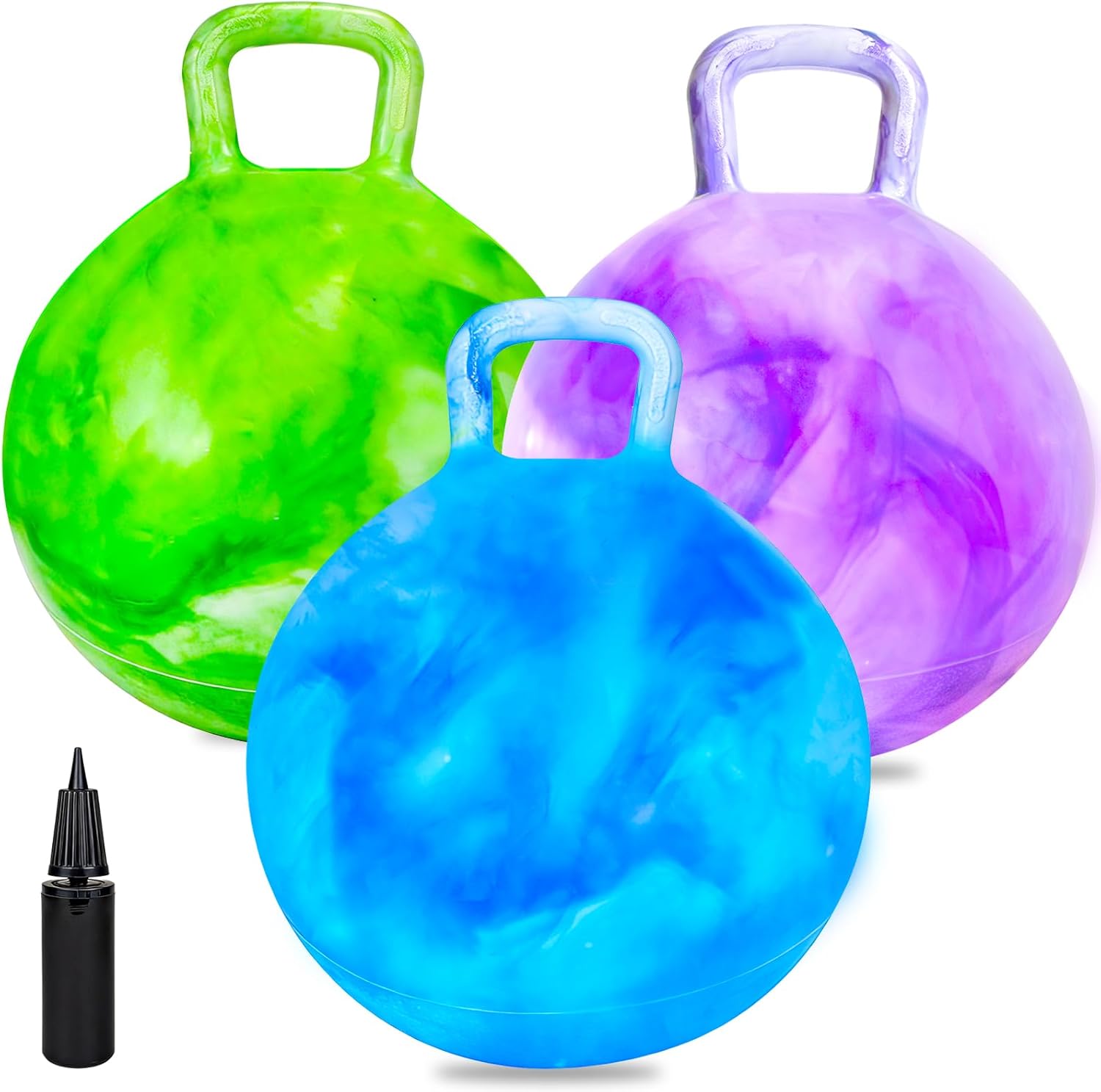 Ynanimery 3 pack bouncy balls with handle front view showing colorful marble design