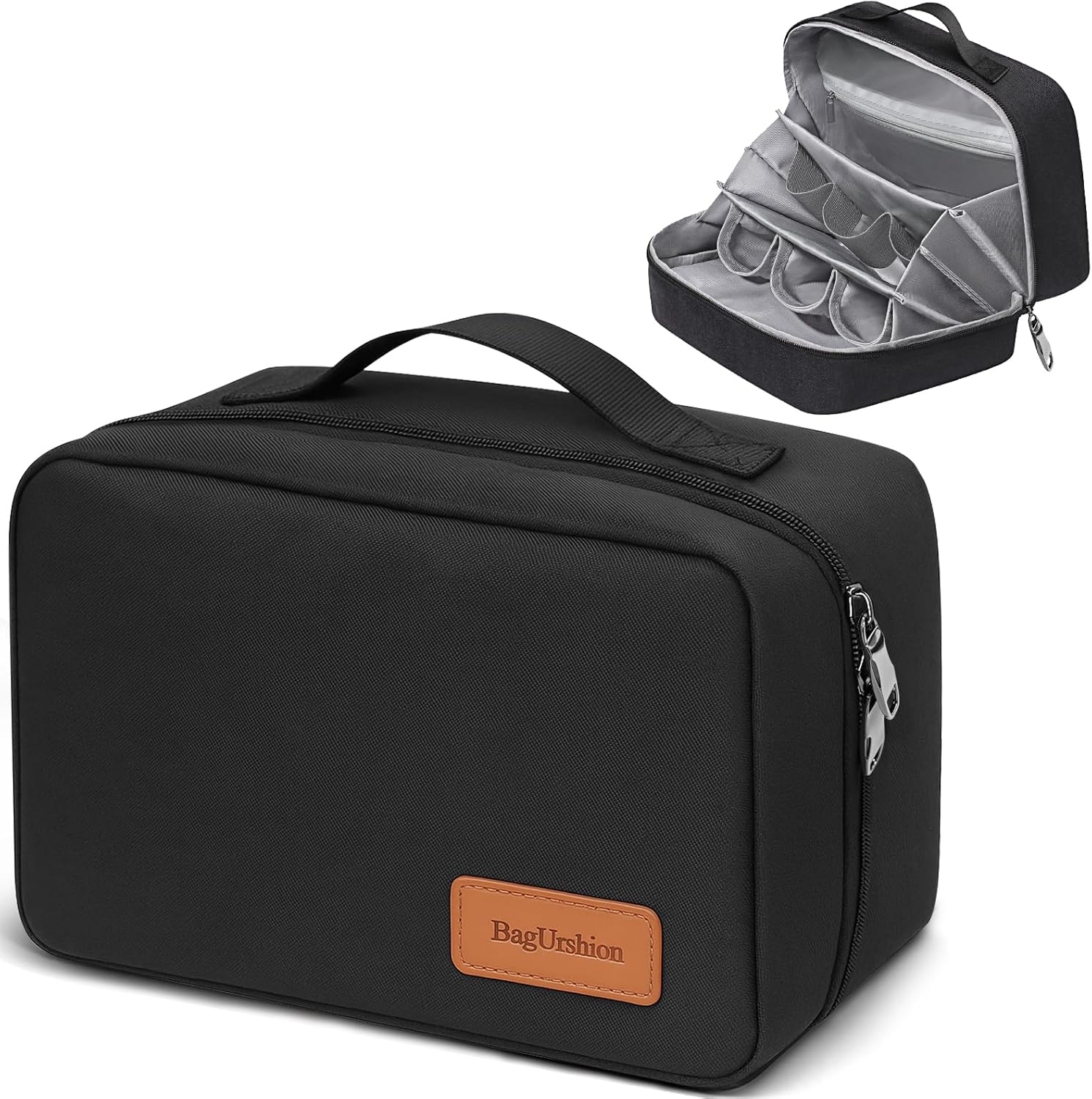 Swift BagUrshion men toiletry bag front view in black color featuring premium brown leather logo patch