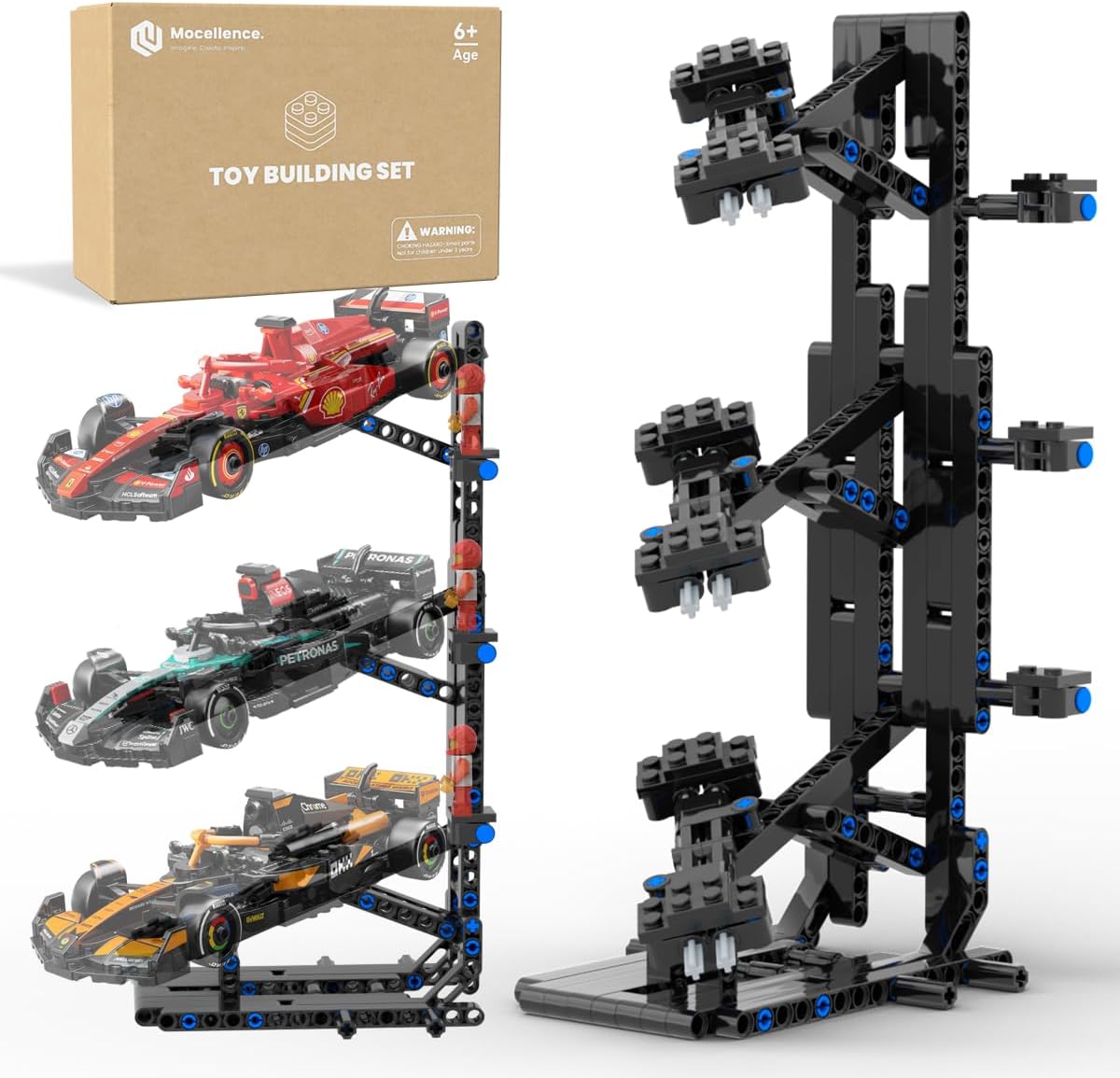 Mocellence 3-layer display stand for Lego Speed Champions F1 front view