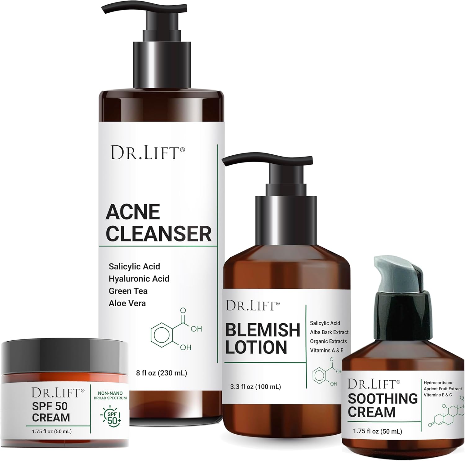 Dr. Lift Acne Control Set front view showing four specialized bottles for clear skin.