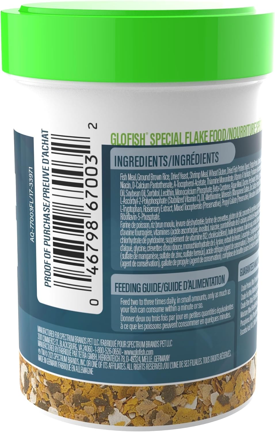 Detailed view of GloFish nutritional flake food ingredients label