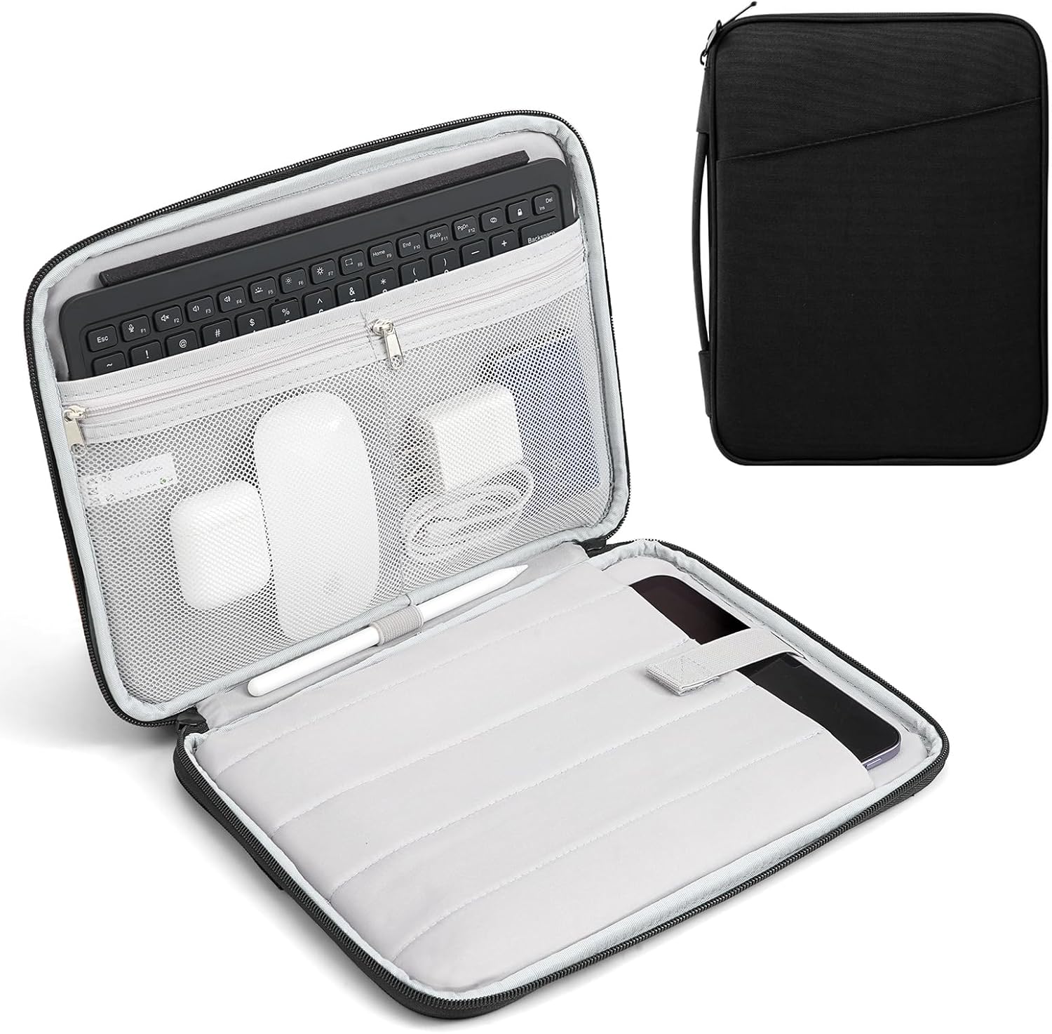 TiMOVO tablet sleeve bag in solid black front view showing premium polyester texture.