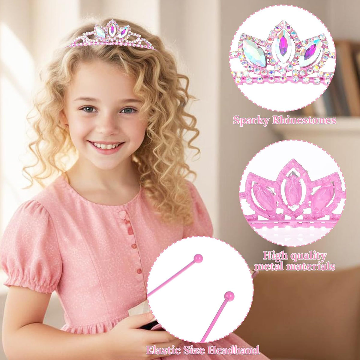 Close up of the glittering pink rhinestone birthday headband