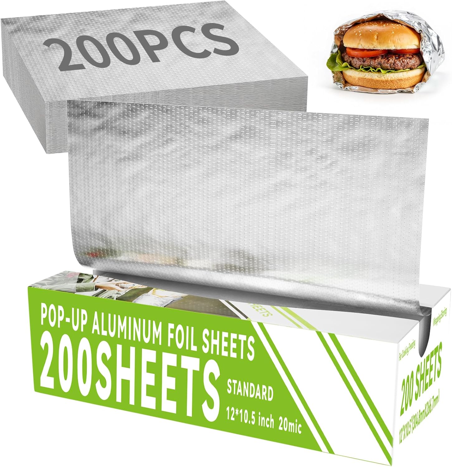 SZZJKJ Aluminum Foil Sheets front view of 200 count pop-up dispenser box for kitchen food wrapping.