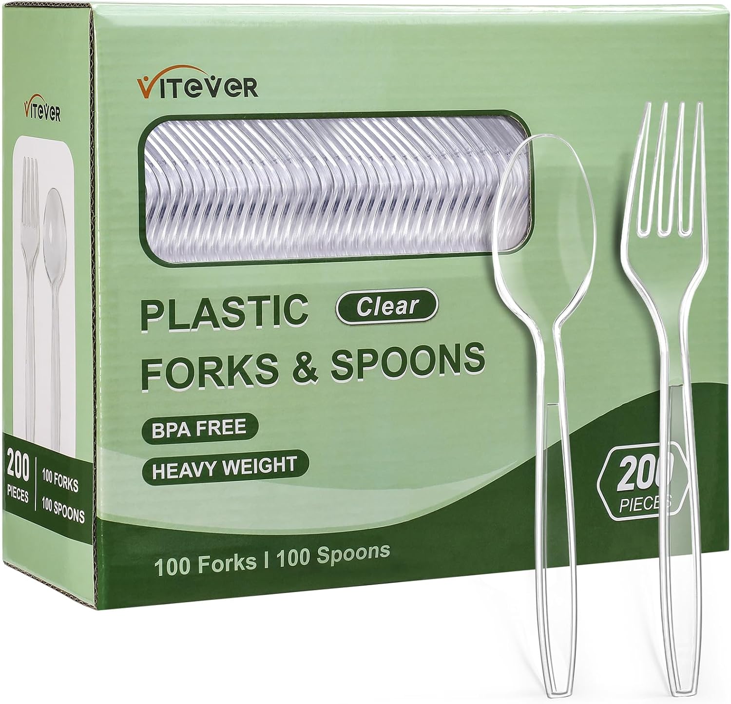 Vitever disposable plastic silverware 200 count front view clear cutlery set