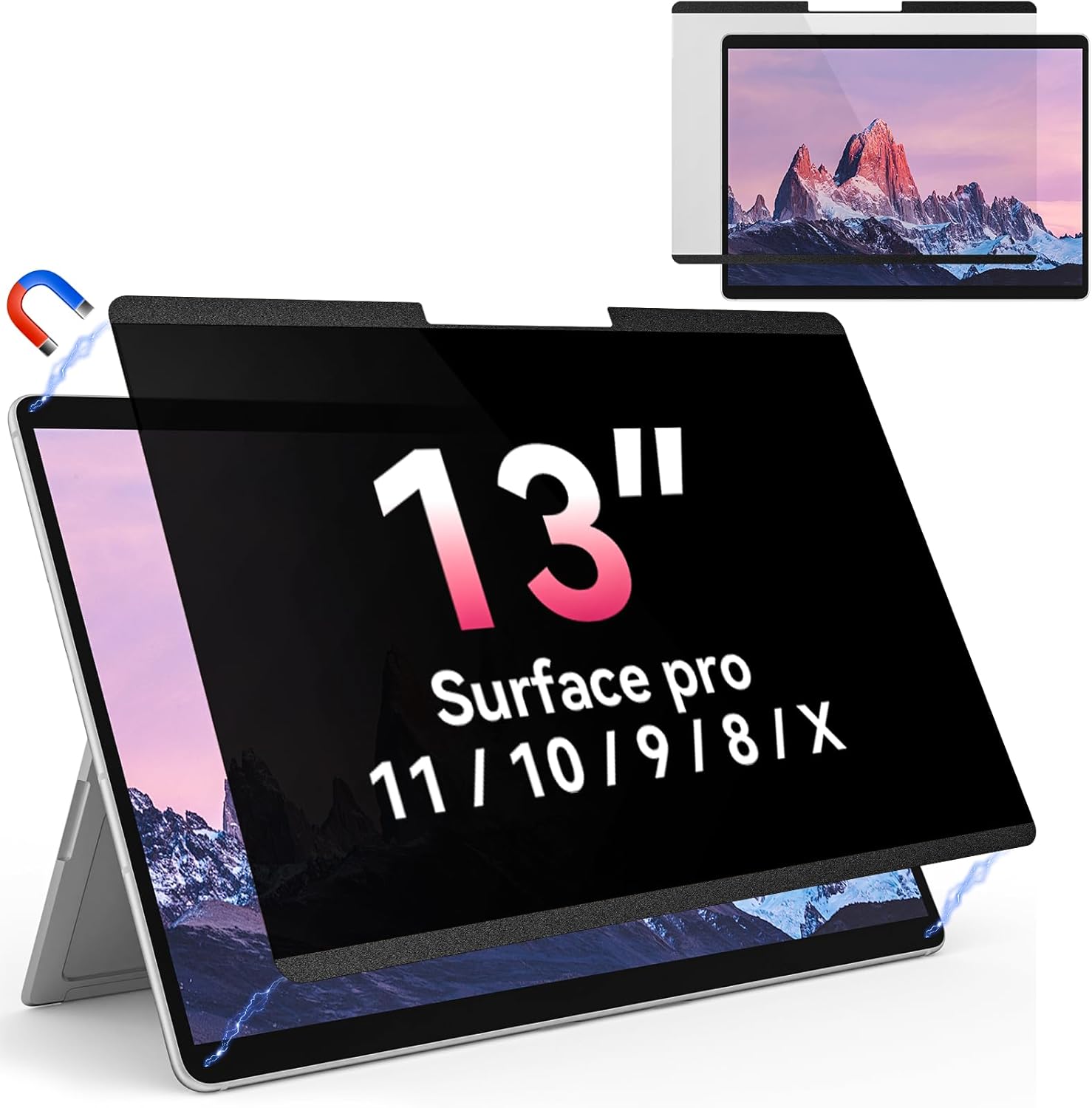 Yklssm magnetic privacy screen for Microsoft Surface Pro front view displaying side angle anti spy black out security feature.