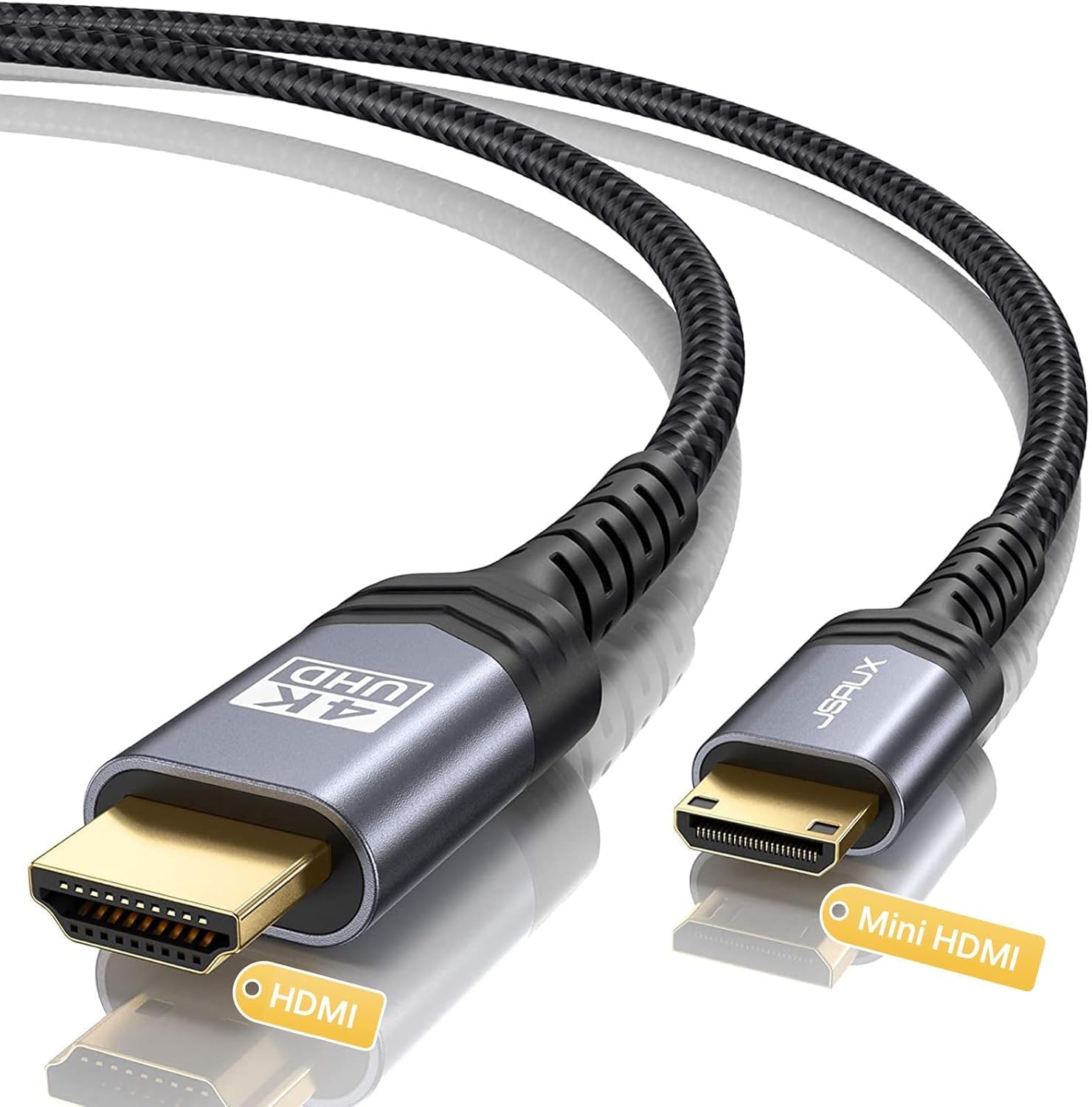JSAUX Mini HDMI to HDMI Cable front view showing gold-plated connectors and braided texture.