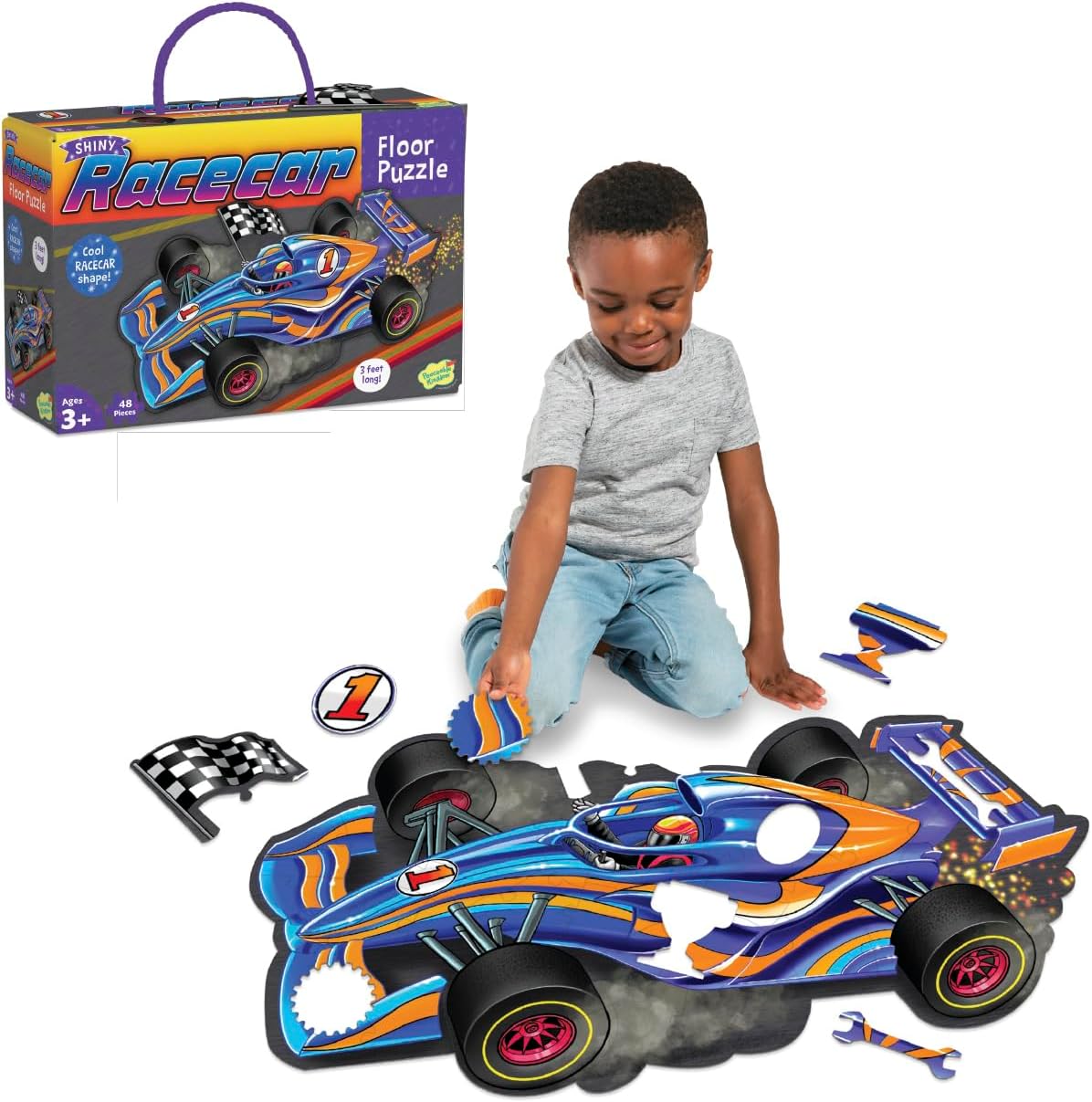 Peaceable Kingdom Jumbo Racecar Floor Puzzle front view of packaging box with cord handle