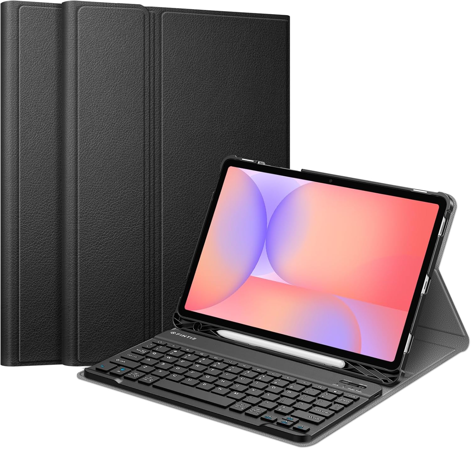 Fintie Samsung Galaxy Tab S9 FE keyboard case front view showing the black leather folio open with the wireless Bluetooth keyboard attached.
