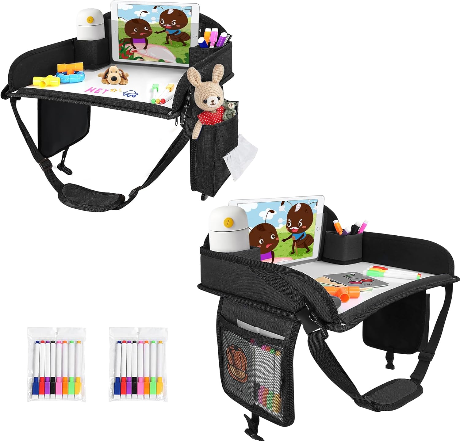 UTOLOVE kids travel tray front view showing black car seat lap desk with markers and drawing paper