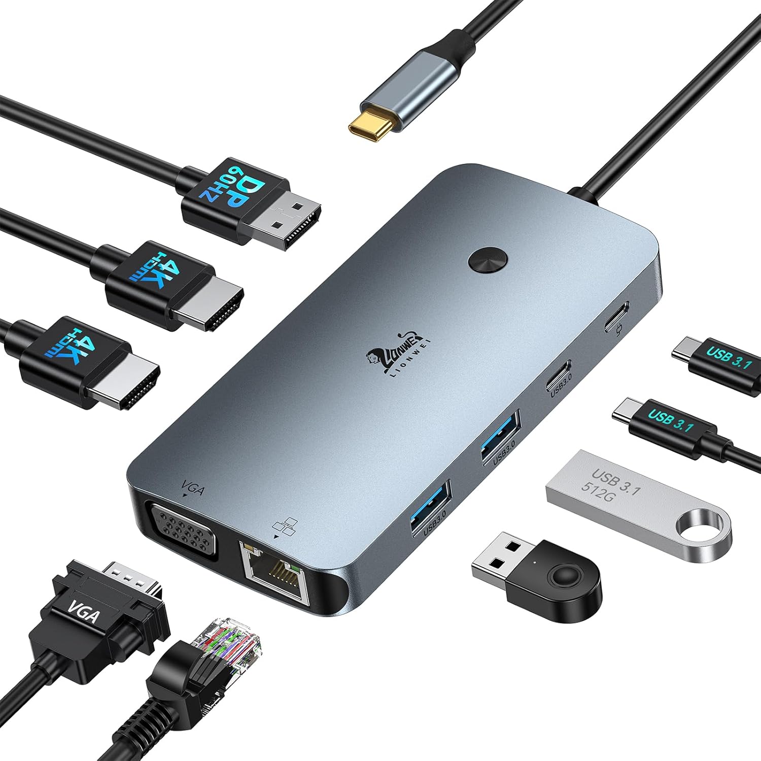 LIONWEI laptop docking station front view displaying multiple connectivity ports.
