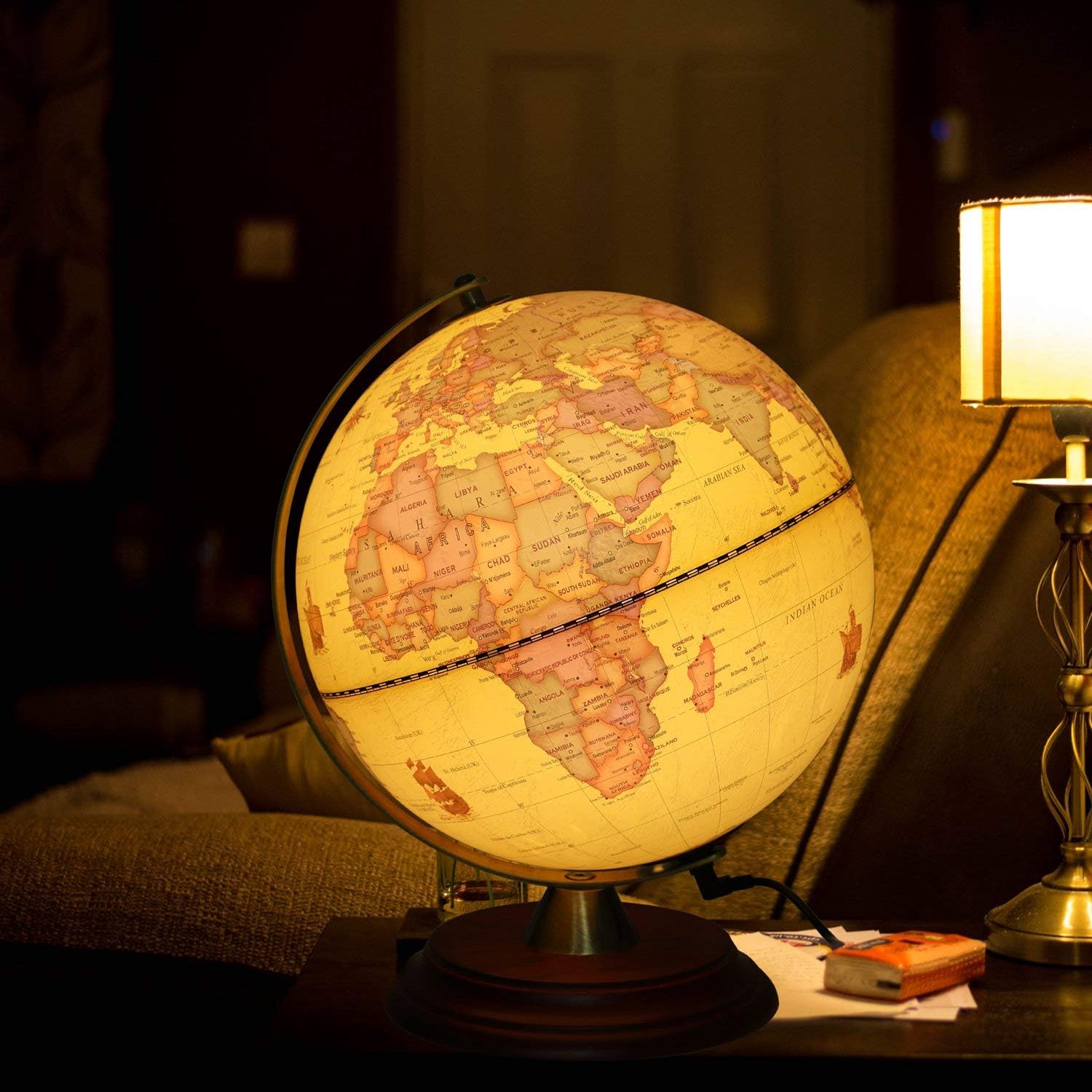 TTKTK 8 inch antique illuminated world globe front view