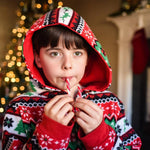 Assorted red, white, and blue candy canes being placed as decorative ornaments on a Christmas tree branch.