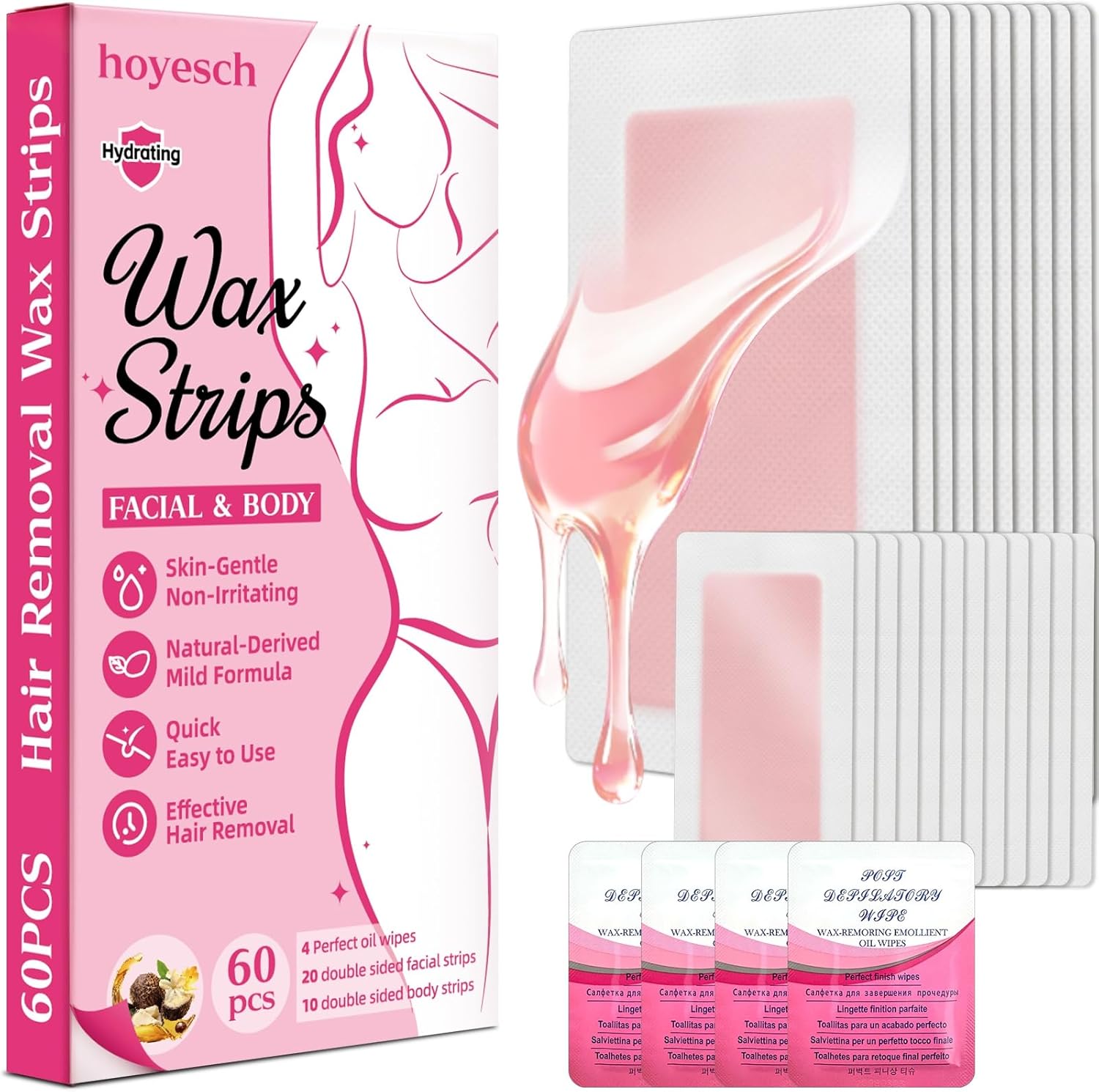 Hoyesch 60 Pieces Wax Strips hair removal kit front packaging view