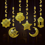 AhfuLife Ramadan Eid Mubarak hanging decorations front view showing six golden metallic streamers.