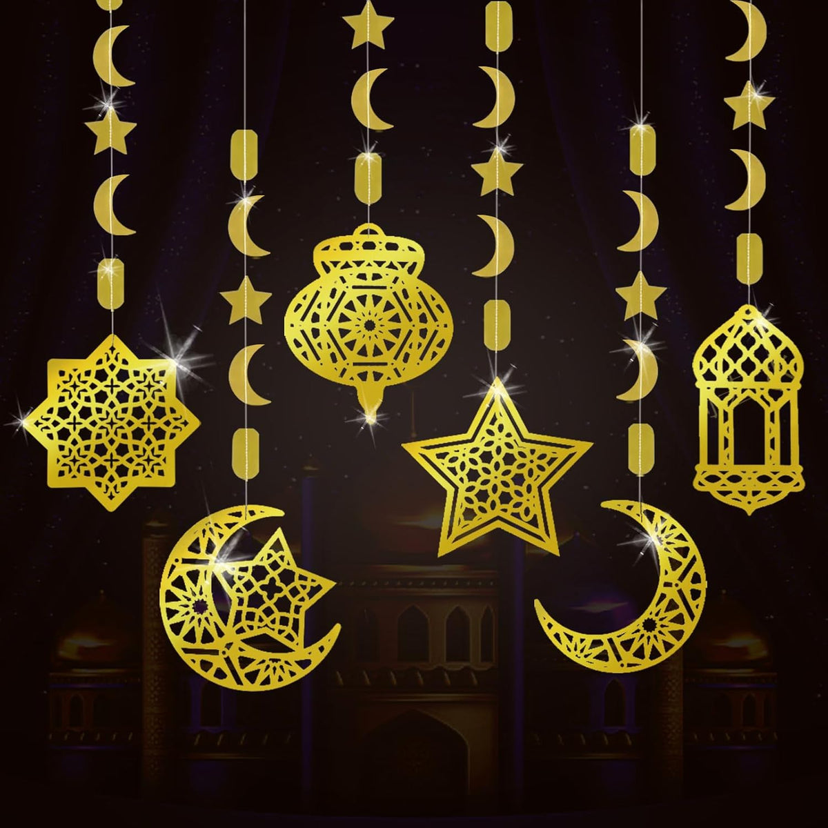 AhfuLife Ramadan Eid Mubarak hanging decorations front view showing six golden metallic streamers.