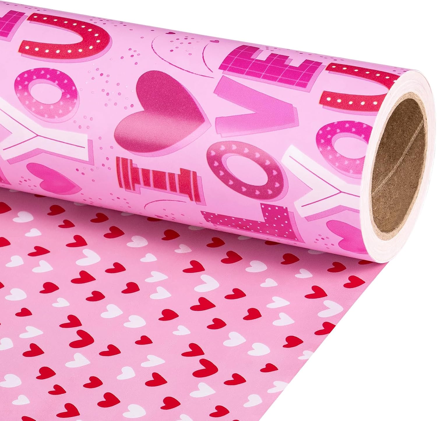 RUSPEPA Valentine's Day Reversible Wrapping Paper Roll front view showcasing pink and red heart pattern.