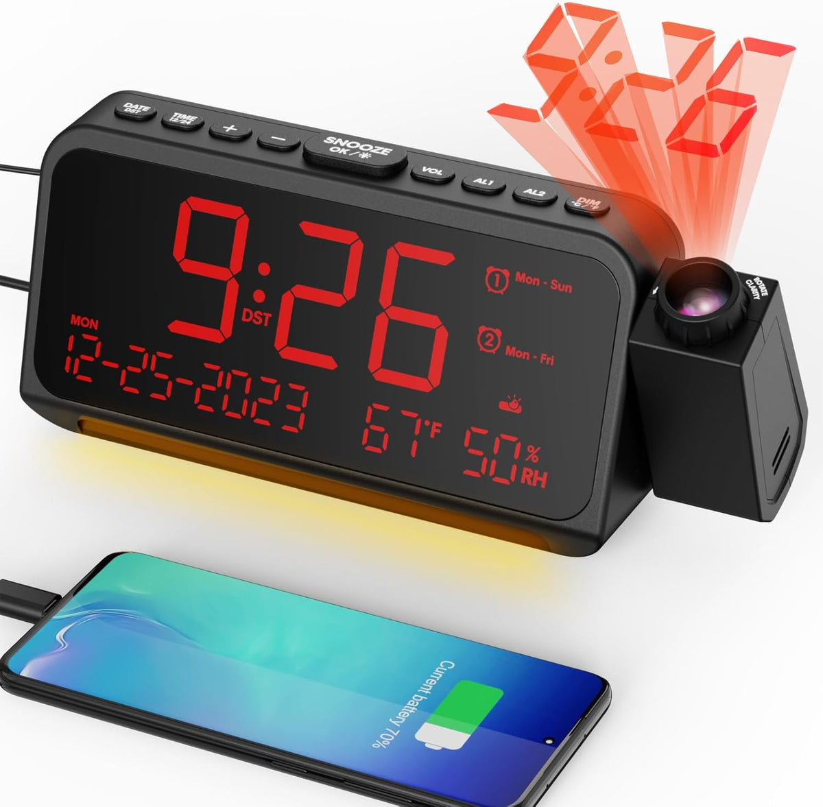 Mesqool Projection Alarm Clock Ceiling Display, with Temperature, Humidity | Dual Alarms, 5-Level Dimmer, Date, Night Light, Weekday/Weekend Mode, 12/24H, DST, , Snooze, 180 degrees Rotatable, for Bedroom - Image 10
