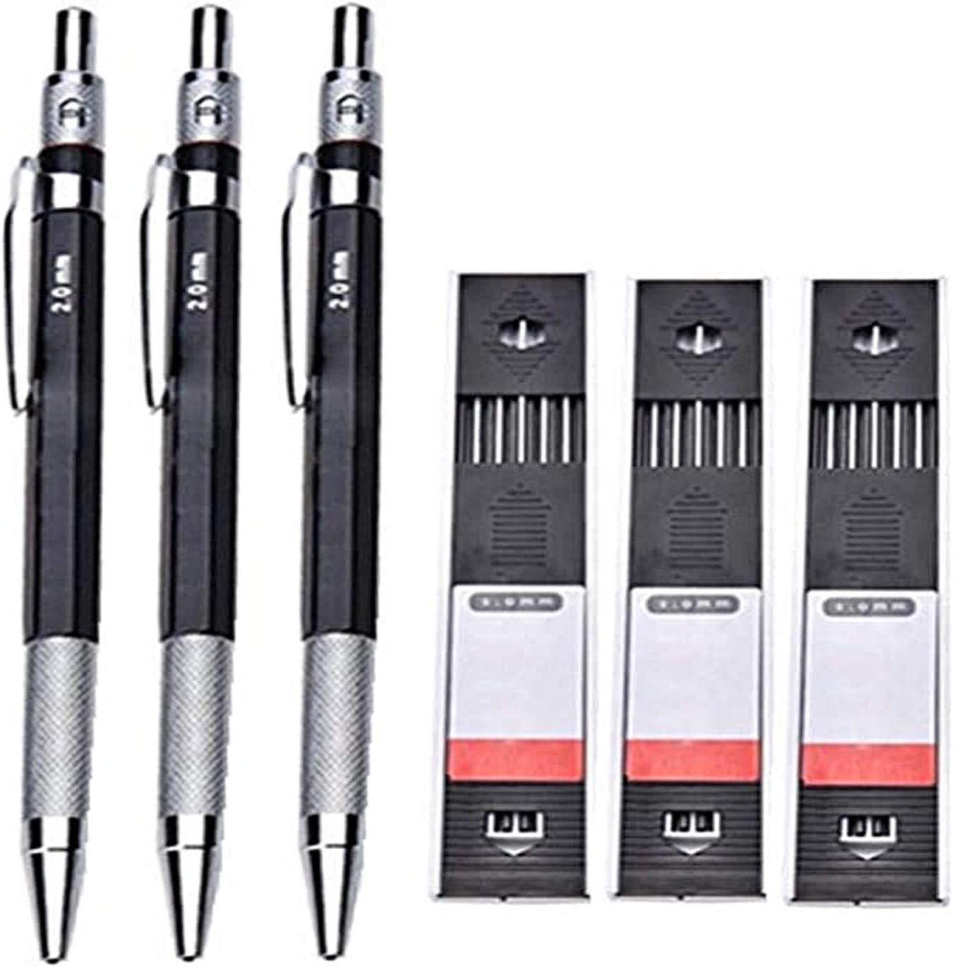 Warmshine 3 Pack 2.0mm 2B Lead Holder Mechanical Pencil front view showing black metal barrels
