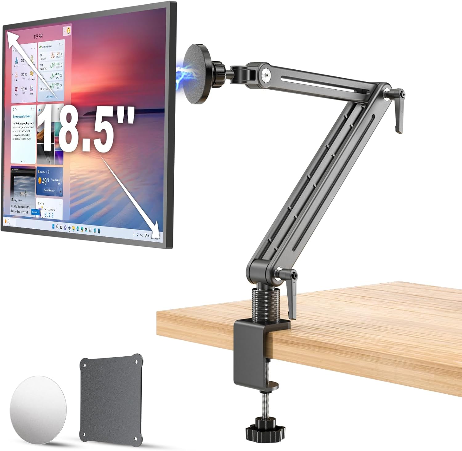 Jakeko magnetic portable monitor desk clamp front view mounted on a studio workstation