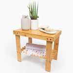DecoMil Bamboo Shower Bench front view with storage shelf
