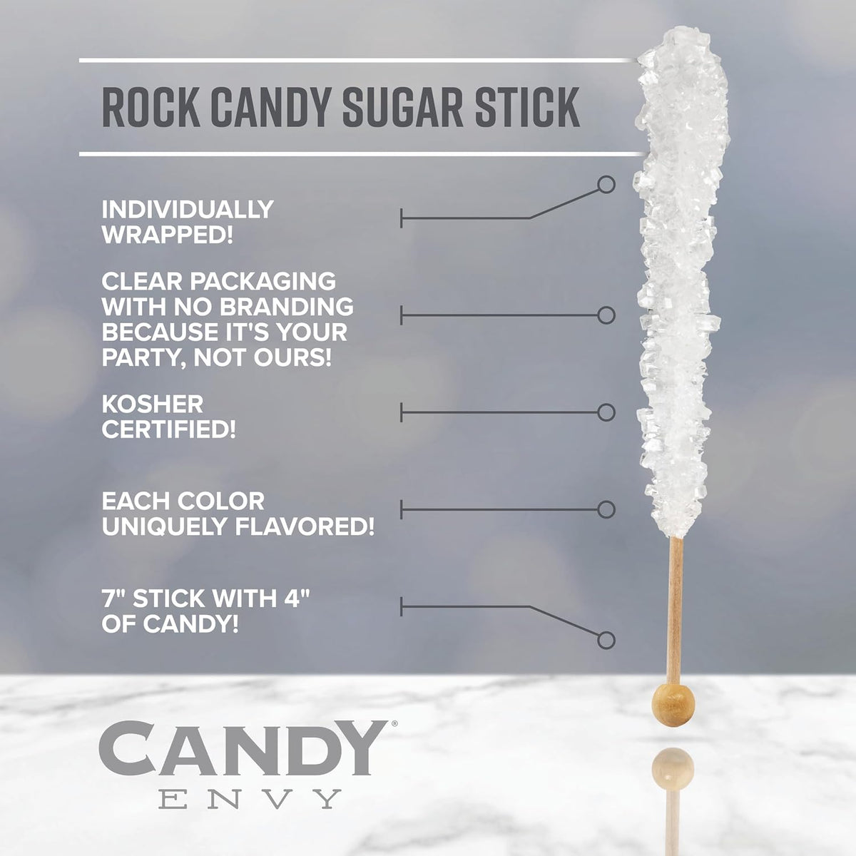 Full box of 24 individually wrapped rock candy sticks
