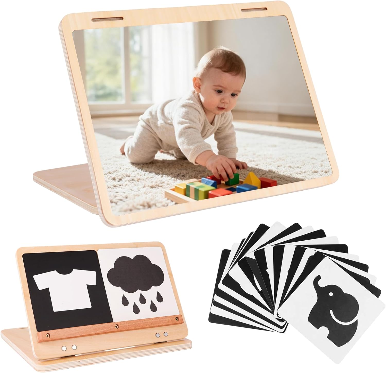 Juhg tummy time mirror front view showing large baby safe reflective surface on floor