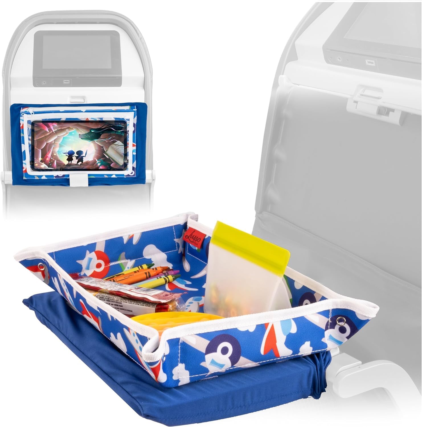 Lusso Gear airplane tray table cover front view featuring a colorful airplane pattern on a tray table