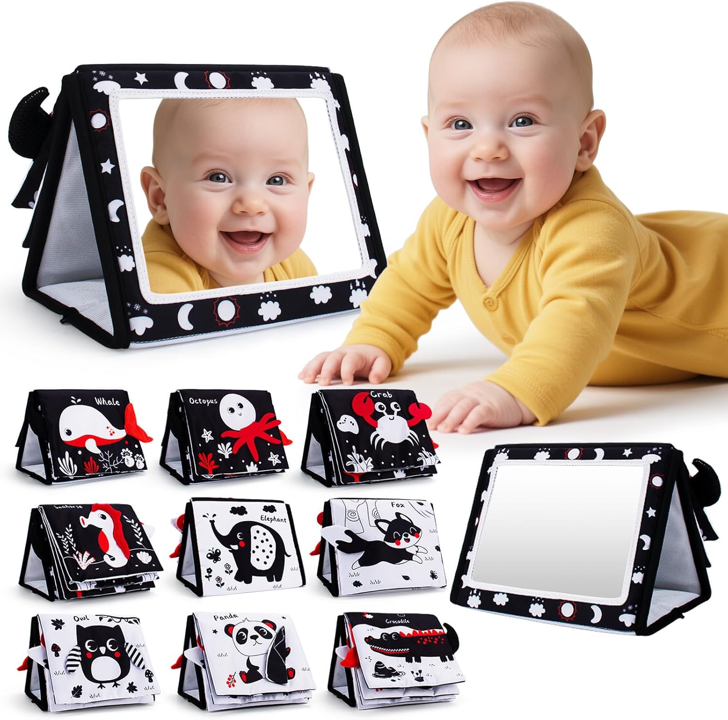Thremhoo tummy time baby mirror front view showing high contrast black and white patterns