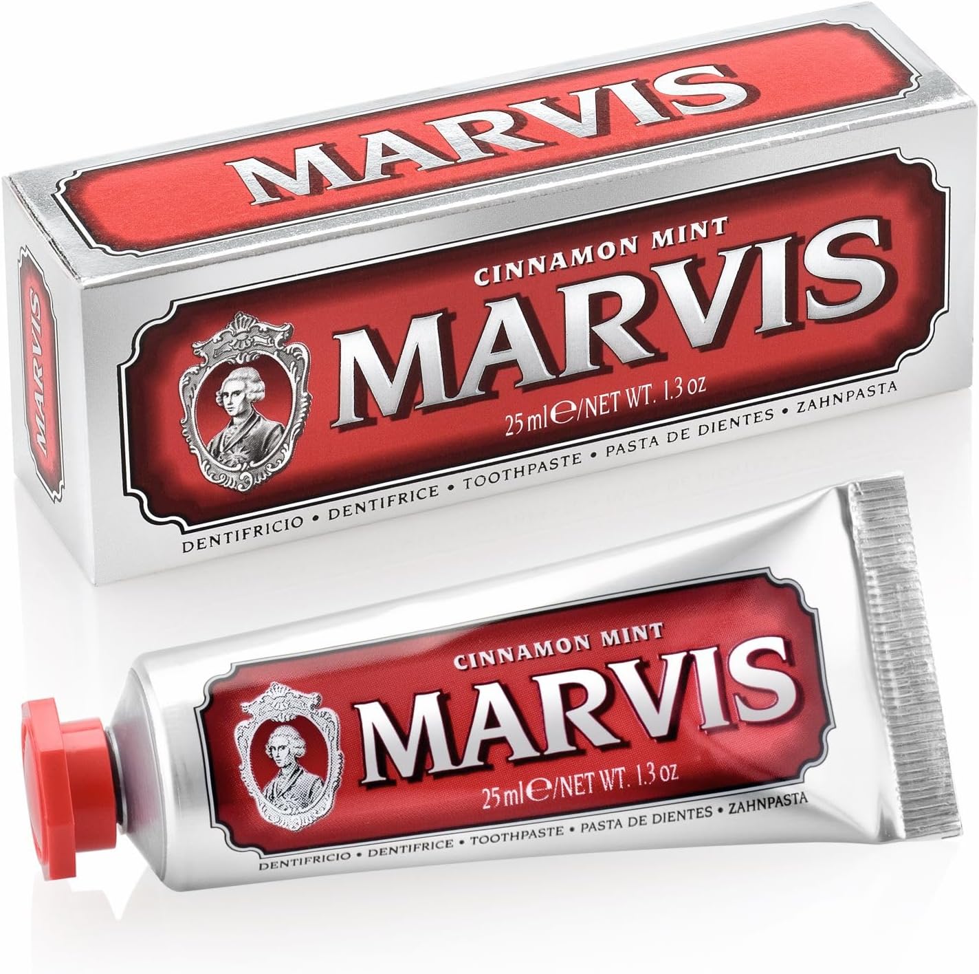 Marvis Cinnamon Mint Toothpaste front view of luxury travel size tube