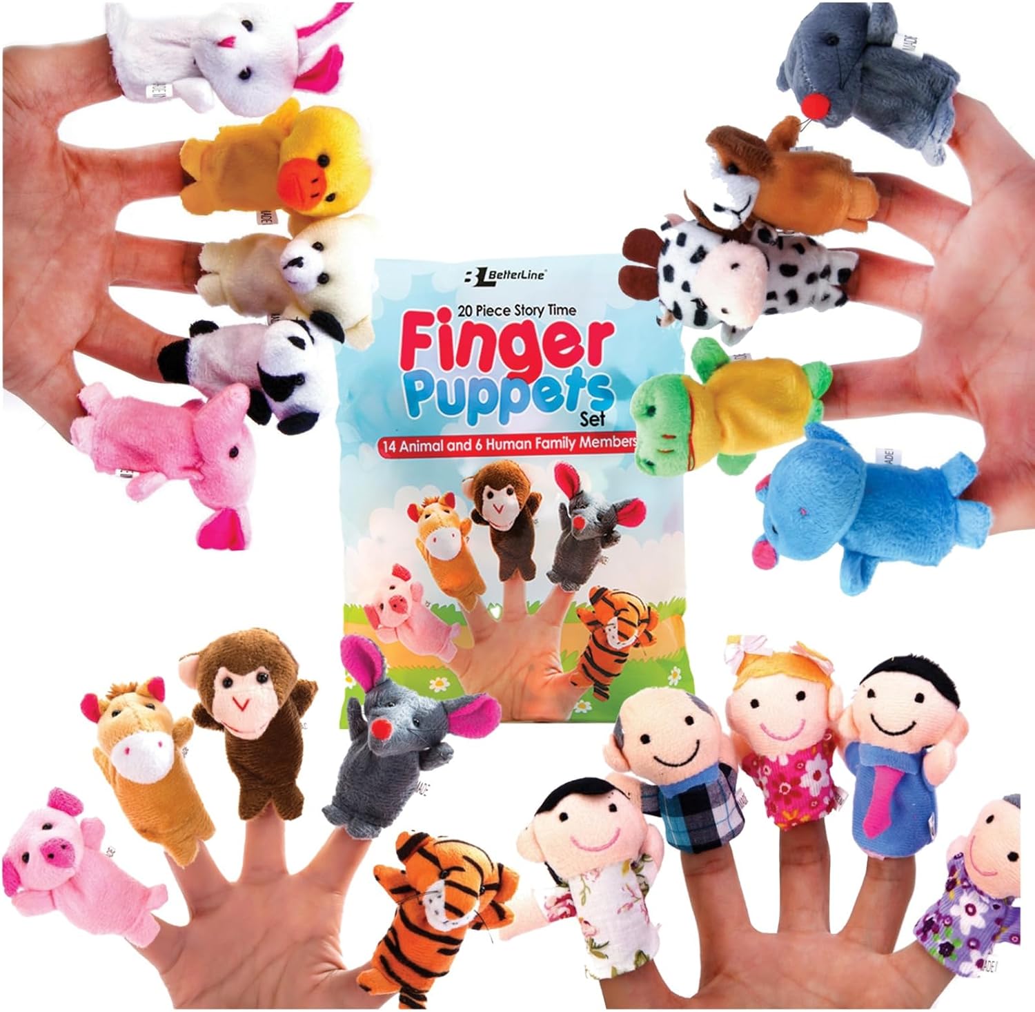 Betterline story time finger puppets set front view featuring twenty plush cloth characters for kids