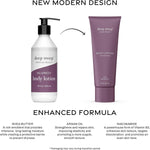 Close-up shot of Deep Steep lotion highlighting key ingredient callouts on the back label.
