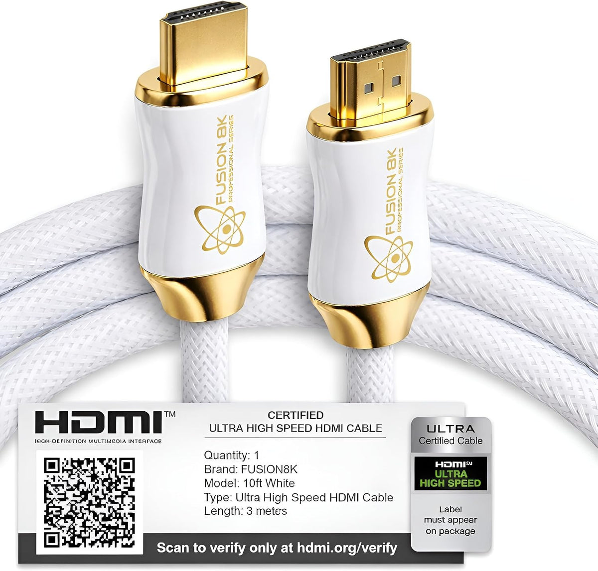 Fusion8K White HDMI 2.1 Cable flexible braided cord texture view