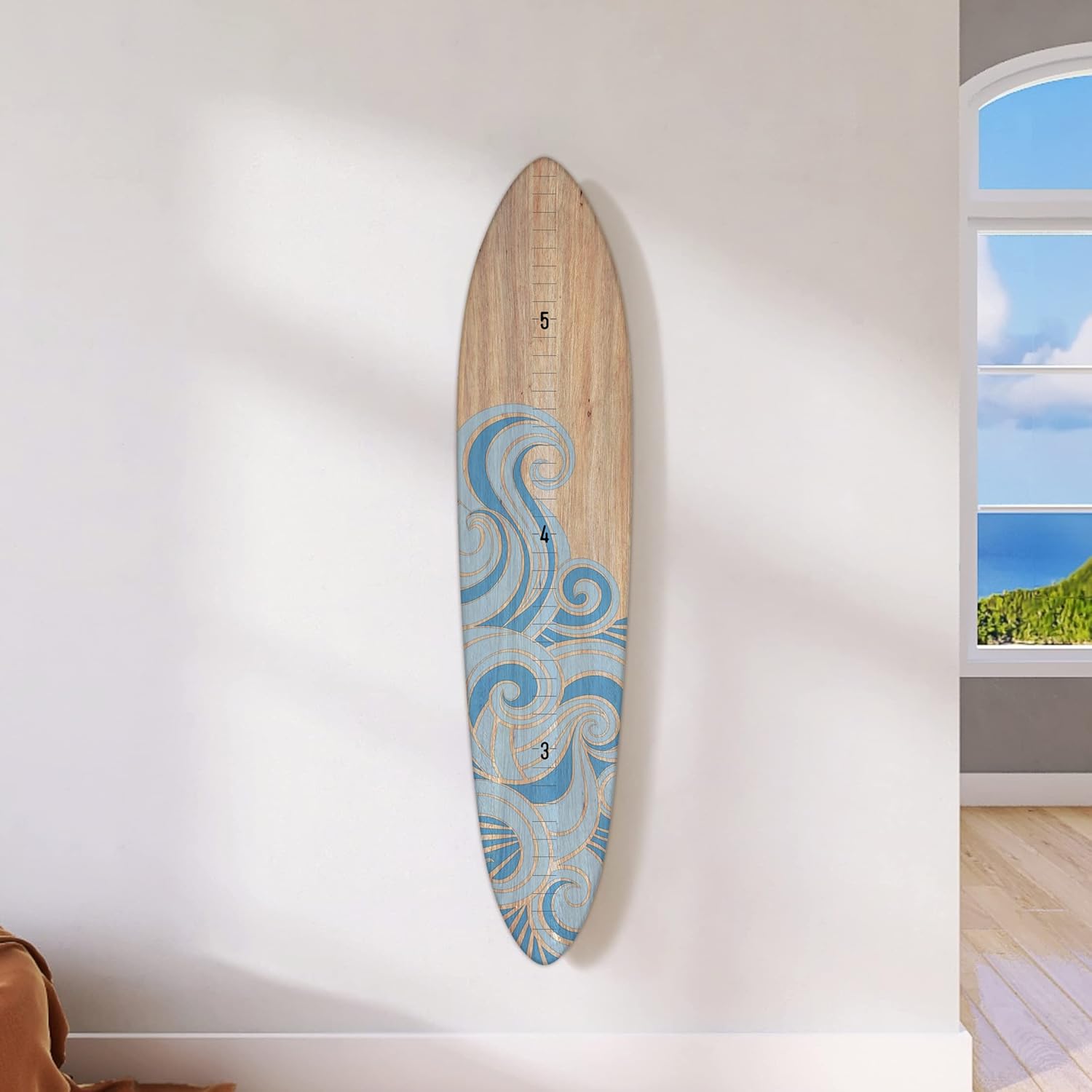 Headwaters Studio wooden surfboard growth chart front view for kids nursery wall decor