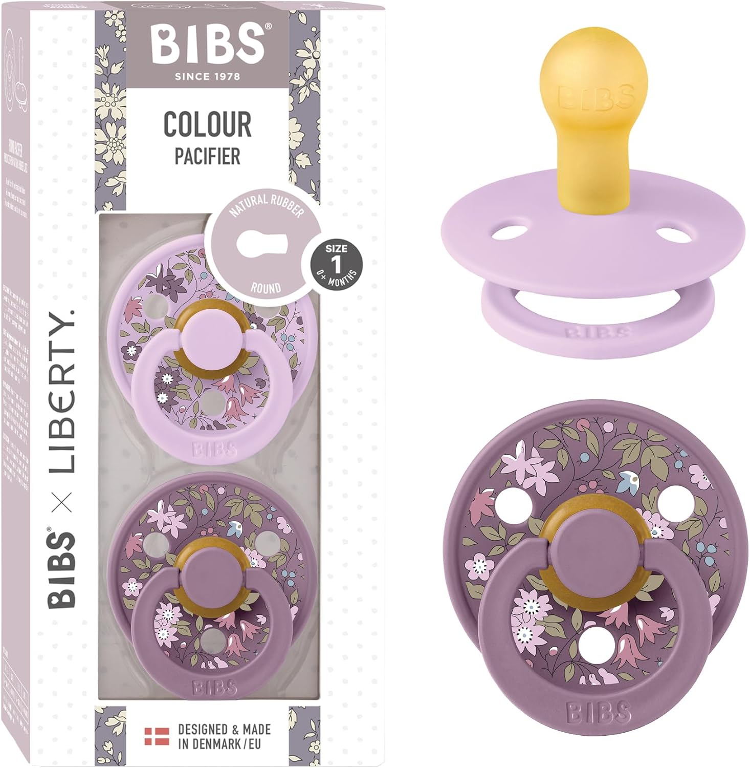 Bibs Liberty Soother 2-Pack front view in Chamomile Lawn Violet Sky
