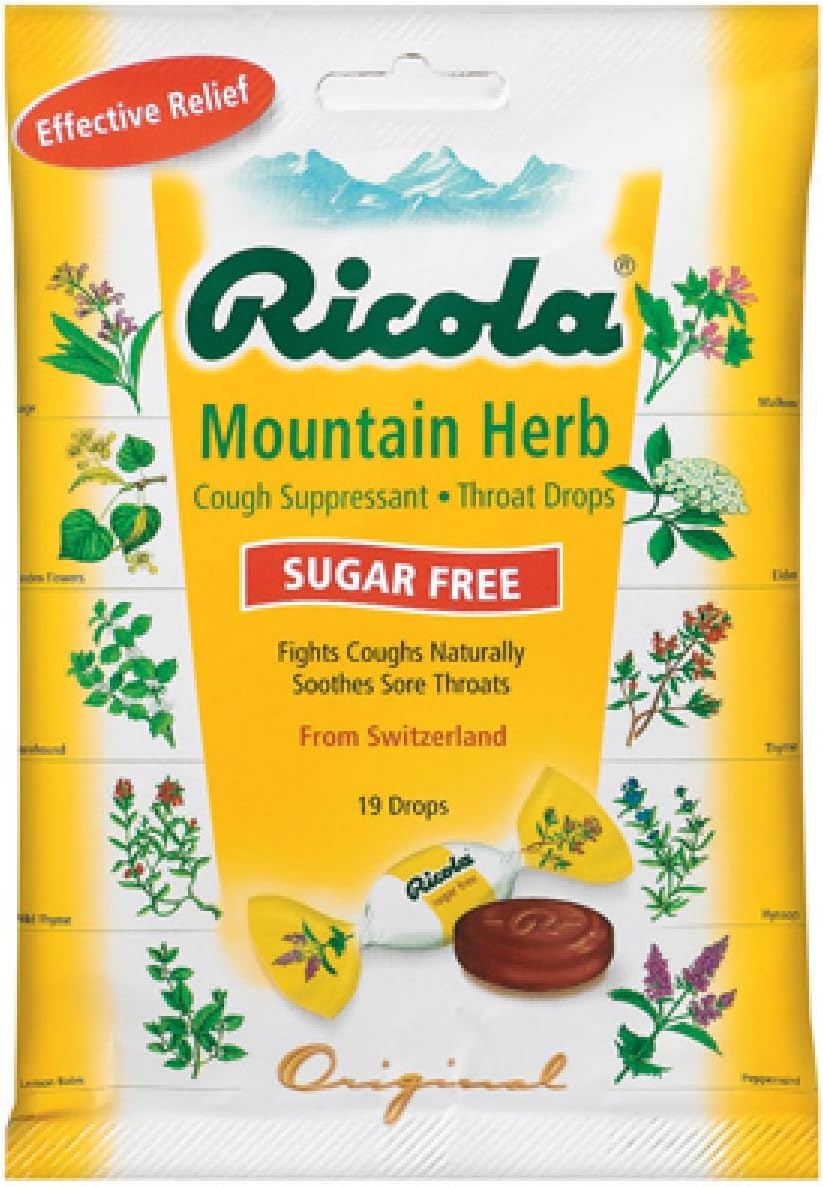 Ricola Mountain Herb Sugar Free 19 Drops front view packaging with Swiss herbs